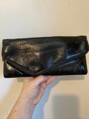 HOBO Black Patent Fold-Over Clutch with Diagonal Zip Magnetic Closure